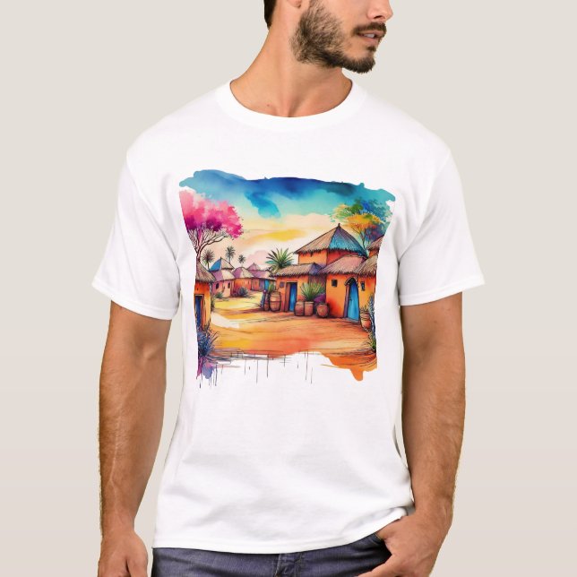 Camiseta Pintura de Aquarela Colorida African Village (Frente)
