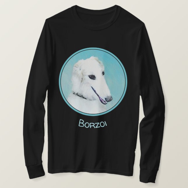 Camiseta Pintura de Borzoi (branca) - Arte de Cão Original  (Frente do Design)