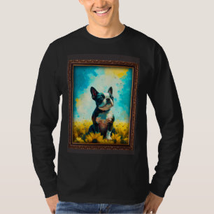 Camiseta Pintura de Boston Terrier Girassol Flor Mãe Mulher
