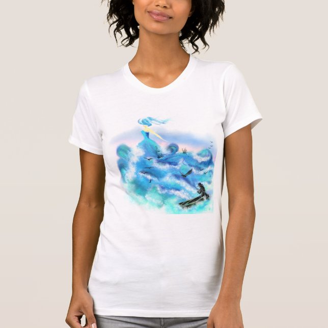 Camiseta Pintura de Fantasia Azul, Camisa-T, Mulher do Ocea (Frente)