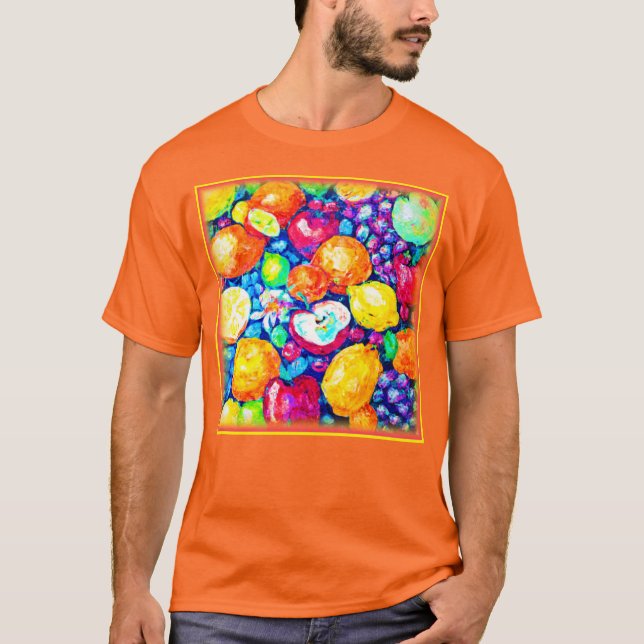 Camiseta Pintura de Frutas de Uvas, Maçãs e Citros. Comprar (Frente)