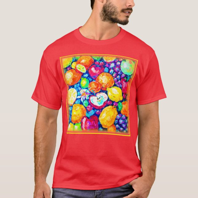 Camiseta Pintura de Frutas de Uvas, Maçãs e Citros. Comprar (Frente)