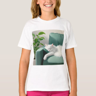 Camiseta Pintura de Gato Dormindo em um Golpe Verde