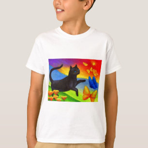 Camiseta Pintura de Gato Negro Borboletas Arte - Múltiplas