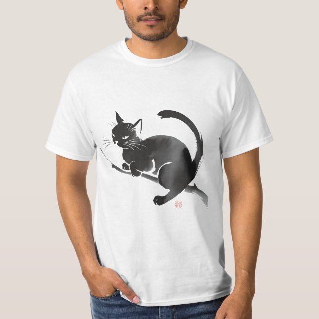 Camiseta Pintura de Gato Preto Elegante (Frente)
