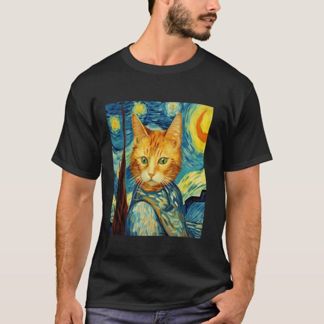 Camiseta Pintura de gatos engraçada Cat Lover Starry Night  (Frente)