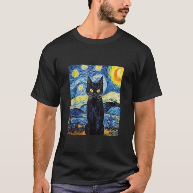 Camiseta Pintura de gatos engraçada Cat Lover Starry Night  (Frente)