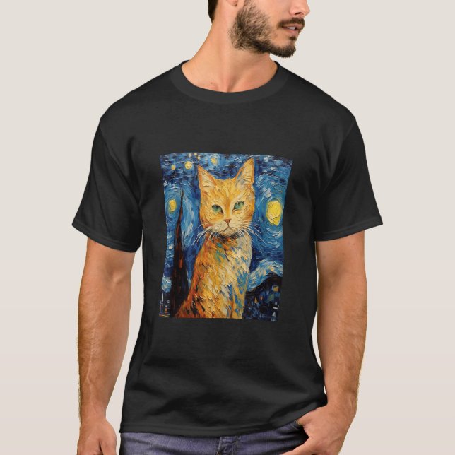 Camiseta Pintura de gatos engraçada Cat Lover Starry Night  (Frente)