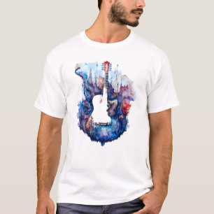Camiseta Pintura de guitarra abstrato com Pássaros e Aquare