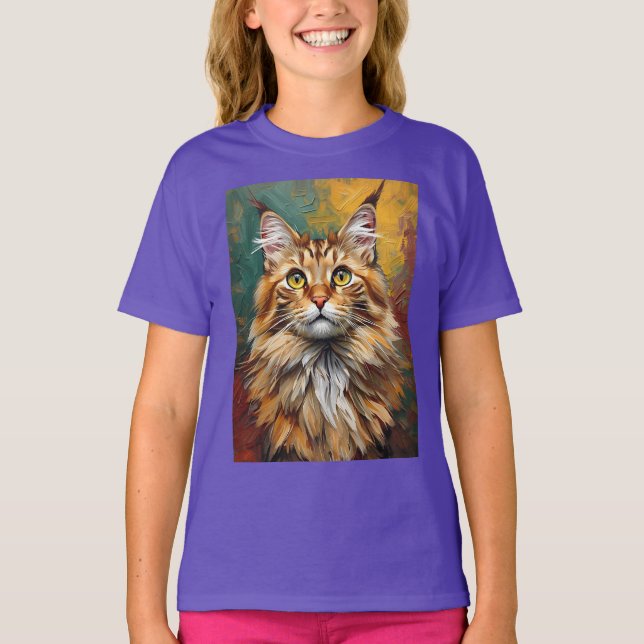 Camiseta Pintura De Óleo Vibrante De Retrato De Gato De Mai (Frente)