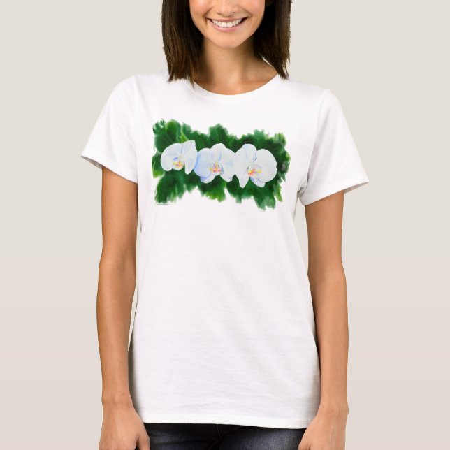 Camiseta Pintura de orquídea branca Elegante tropical (Frente)