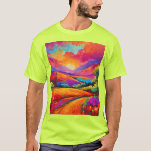 Camiseta Pintura de paisagem de pôr do sol colorido na mont