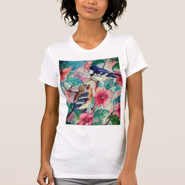 Camiseta Pintura de T-Shirt com Belas Aves (Frente)