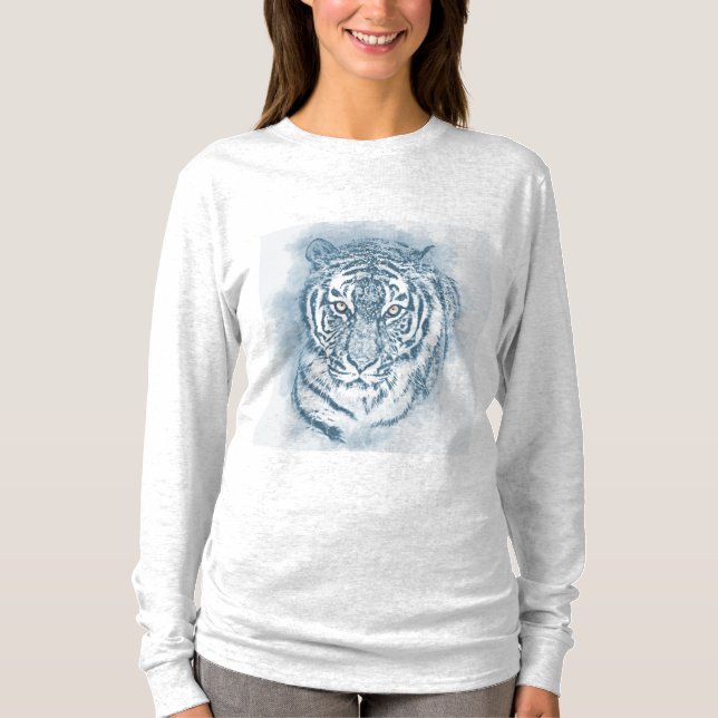 Camiseta Pintura de tigre azul branco para sua cinza (Frente)