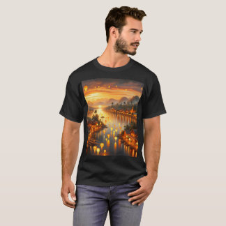 Camiseta pintura de um pôr do sol com lanternas e flutuando