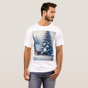 Camiseta pintura de uma cabine na neve com uma madeira