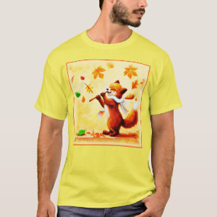 Camiseta Pintura De Uma Feliz Raposa Vermelha Cantando. Com