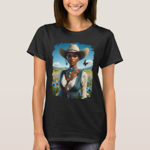 Camiseta Pintura de Vaqueira Negra Arte Ocidental Rodeio Me