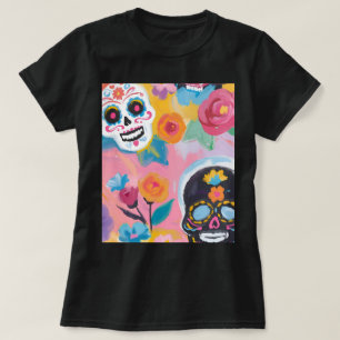 Camiseta Pintura do crânio de açúcar floral