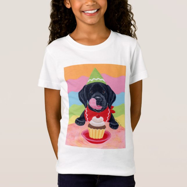 Camiseta Pintura do Cupcake de Aniversário do Black Lab Pup (Frente)