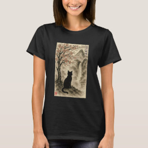 Camiseta Pintura Edo Sakura Paisagem Japonesa Gato Ukiyo-e