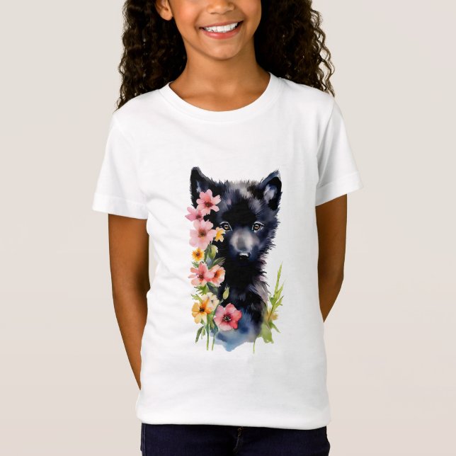 Camiseta Pintura em aquarela do filhote de Lobo Negro (Frente)