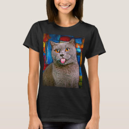 Camiseta Pintura em Retrato de Gato Curto Britânico de Cinz