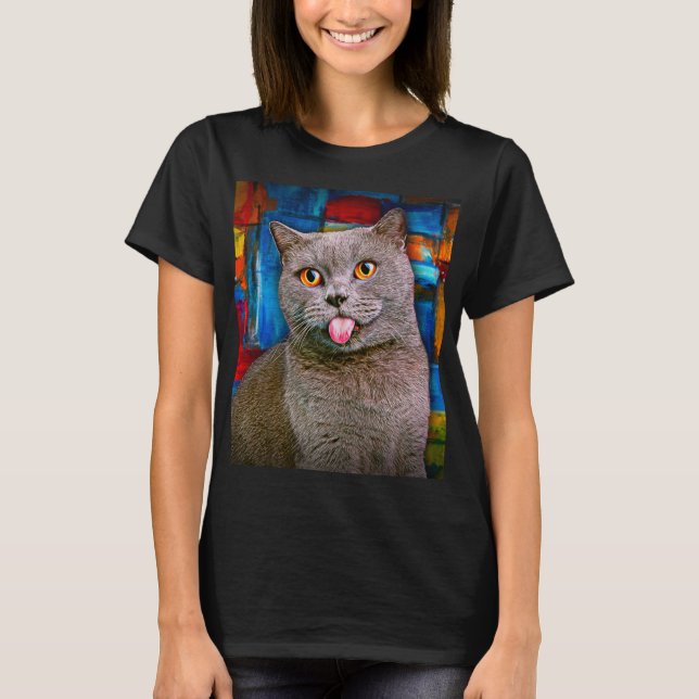 Camiseta Pintura em Retrato de Gato Curto Britânico de Cinz (Frente)