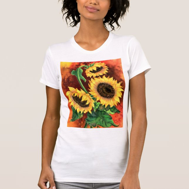 Camiseta Pintura em T-Shirt com Três Girassóis (Frente)
