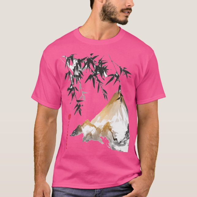 Camiseta Pintura em Tinta Chinesa - Paisagem Montanha com B (Frente)