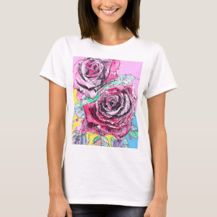 Camiseta Pintura Floral de Flores de Aquarela de Rosa Verme