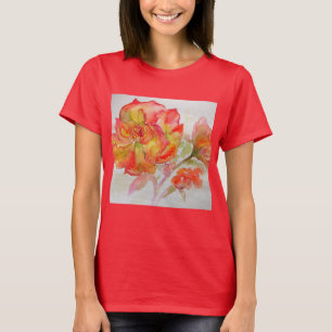 Camiseta Pintura Floral em Aquarela de Rosa Amarela Laranja