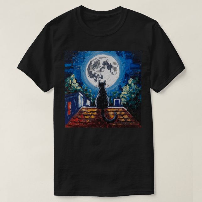 Camiseta Pintura Noite de Lua Cheia com Gato Preto (Frente do Design)