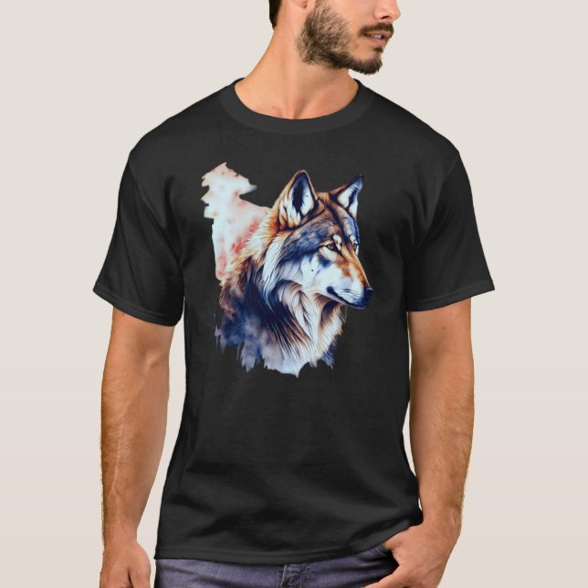 Camiseta Pintura por Aquarela abstrato Wolf Head (Frente)