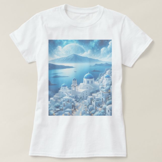 Camiseta Pintura por Aquarela da Grécia Santorini (Frente do Design)