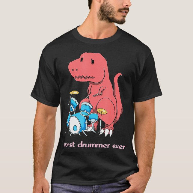 Camiseta Pior Drummer Engraçado Dinossauro TRex Tambor (Frente)