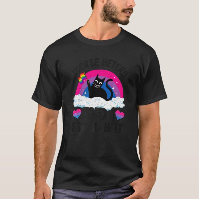 Camiseta Pior Hetero E Eu Ficamos Com Gato Bandeira Bissexu (Frente)