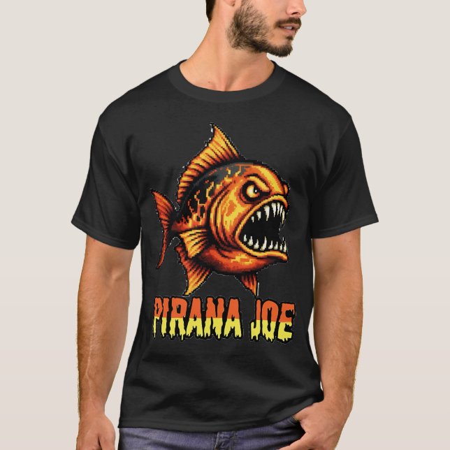 Camiseta Pirana Joe â€“ Design de Peixe Monstro Pixel Retro (Frente)