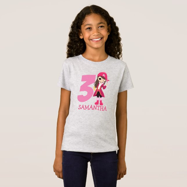 Camiseta Pirata de Festa de aniversário rosa-GIRL 3º Nome T (Frente Completa)