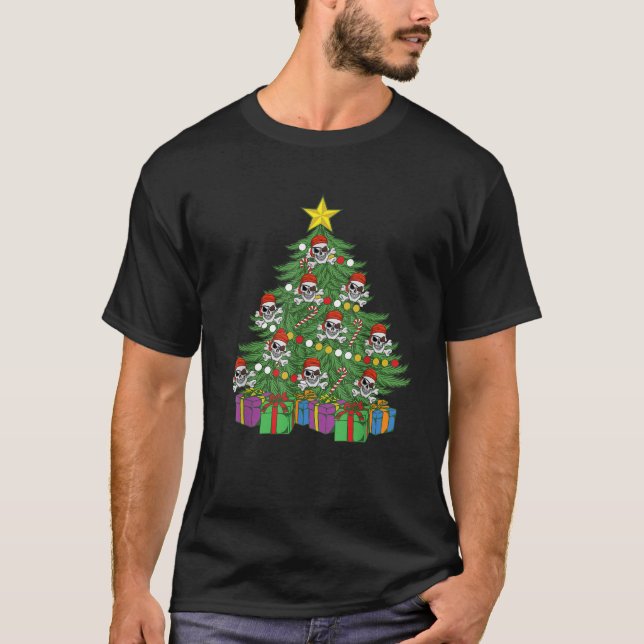 Camiseta Pirata de Natal Pele Crânio Cruzado Ornamentos P (Frente)