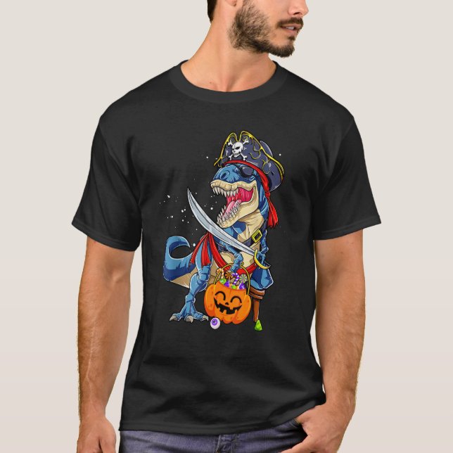 Camiseta Pirata do Assustador do Halloween Dinossaur Rex Ja (Frente)