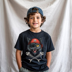 Camiseta Pirata Gato Gato Gato Gato Crânio Crossbones Negro