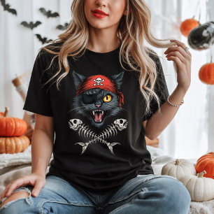 Camiseta Pirata Gato Gato Gato Gato Crânio Crossbones Negro