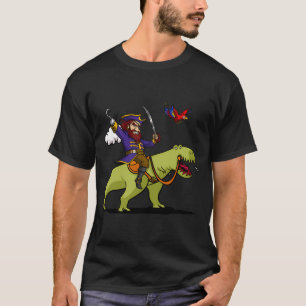 Camiseta Pirata Montando Dinossauro T-Rex Papagaio Engraçad