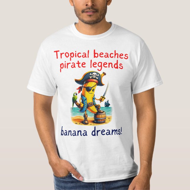 Camiseta Pirate Banana Adventure Vibe em praia tropical (Frente)