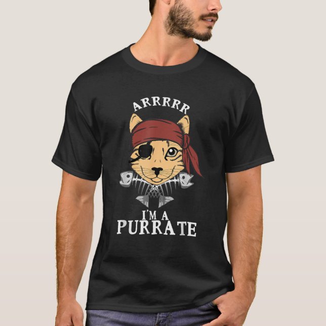 Camiseta Pirate Ca Arrr Purrate Gatinho Olho Patch Fishbone (Frente)
