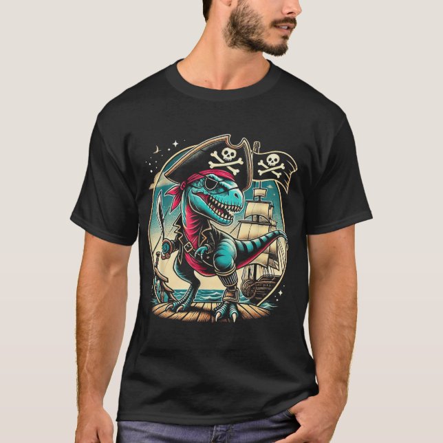 Camiseta Pirate Dinosaur Tyrannosaurus T Rex Halloween (Frente)