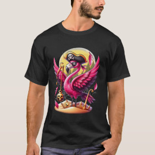Camiseta Pirate Pink Flamingo Halloween Jolly Roger Skull C
