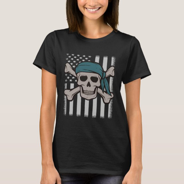 Camiseta Pirate Skull American Flag Halloween Party Costume (Frente)