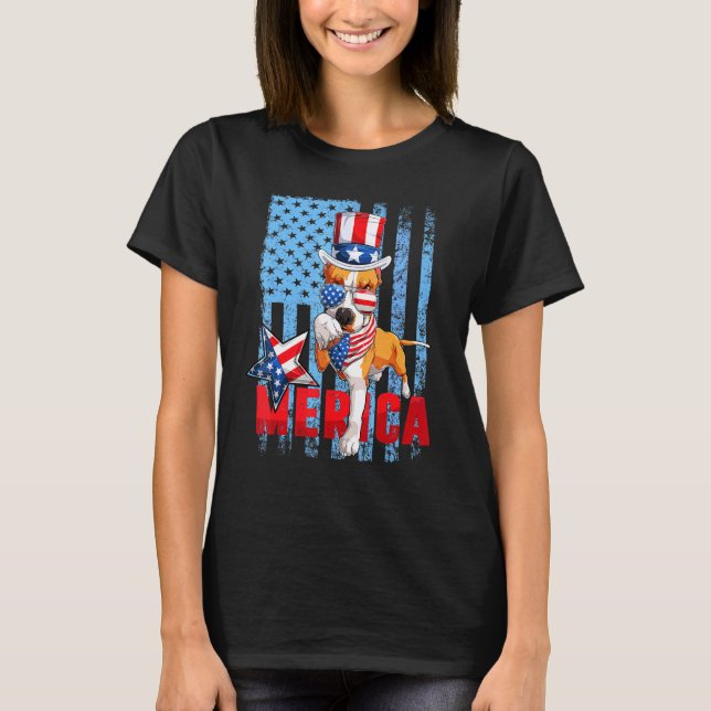 Camiseta Pit Bull 4 de julho Merica Men Women USA Flag Dog (Frente)